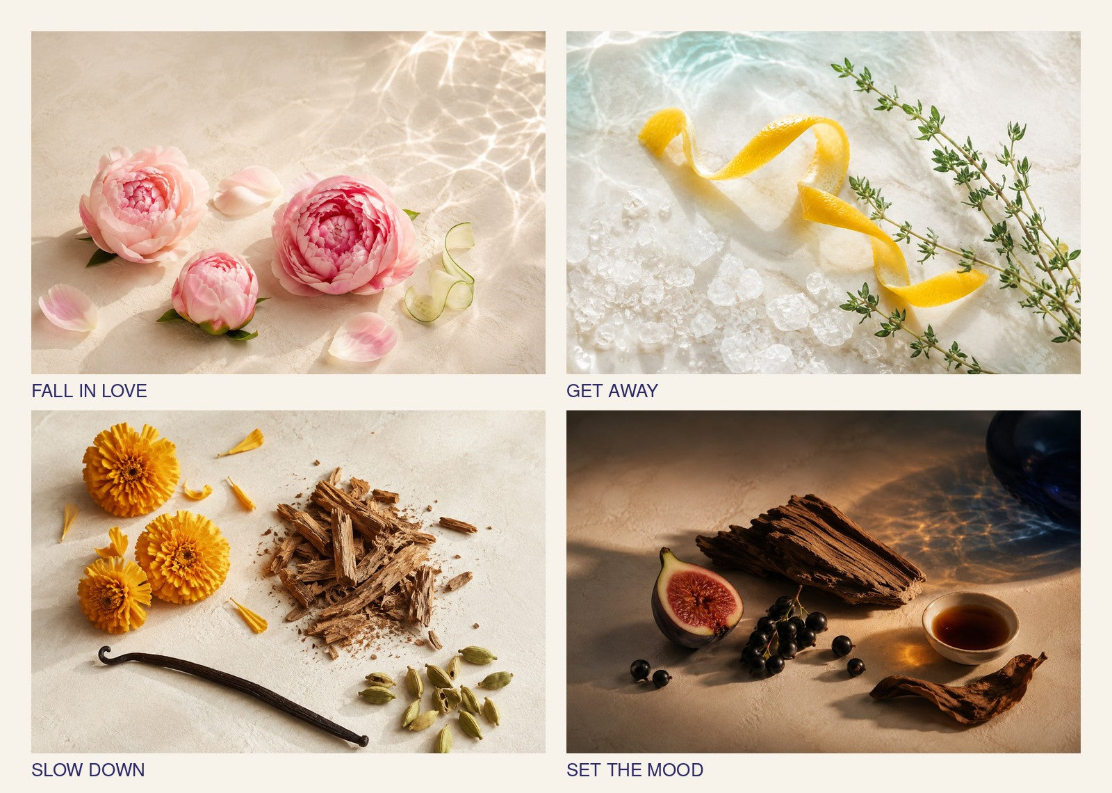 Four Lucette + Mo fragrance moods: Fall in Love, Get Away, Slow Down, and Set the Mood