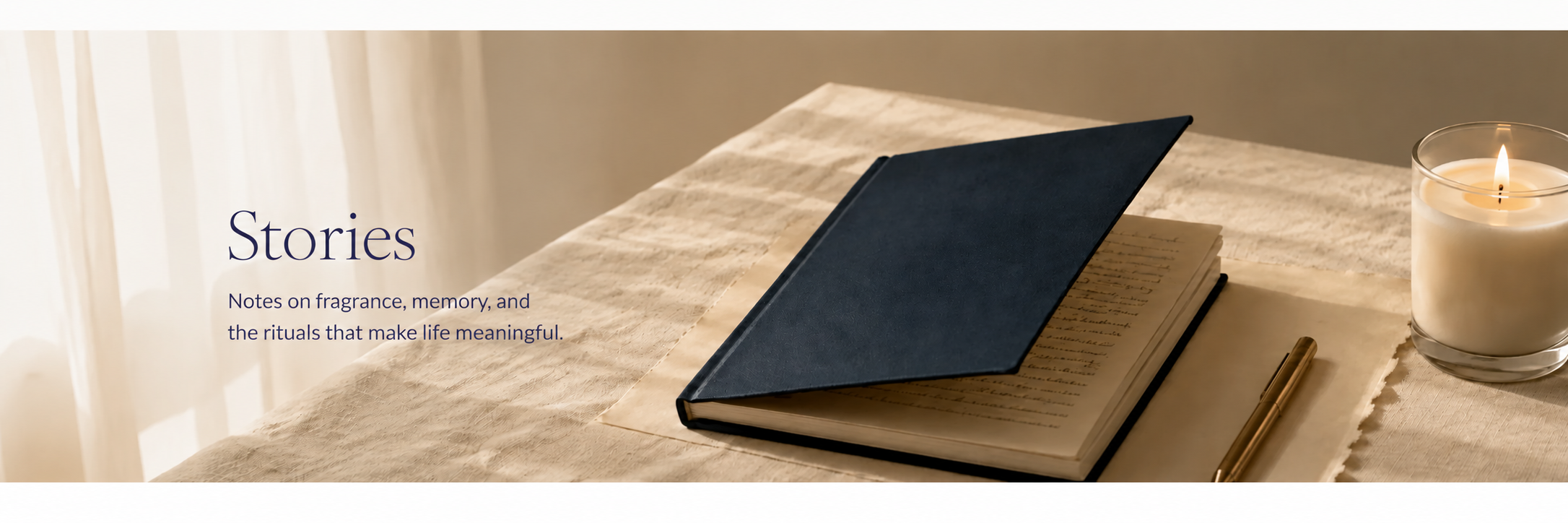 Lucette + Mo Stories hero with journal, candle and lighter editorial heading